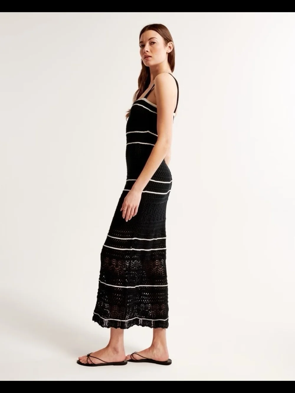 Abercrombie & Fitch Black Stripe Crochet Knit Cotton Square Neck Maxi Tank Dress